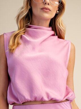 Glam Draping High-Neck Sleeveless Top - Pink